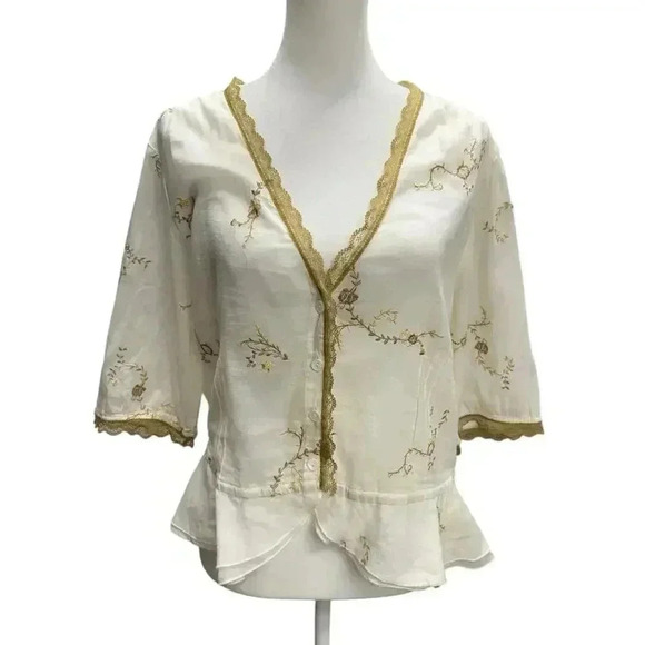 Feminine Light Cotton Deep V Short Sleeve Embroidered Button Closure Scalloped - Picture 3 of 15